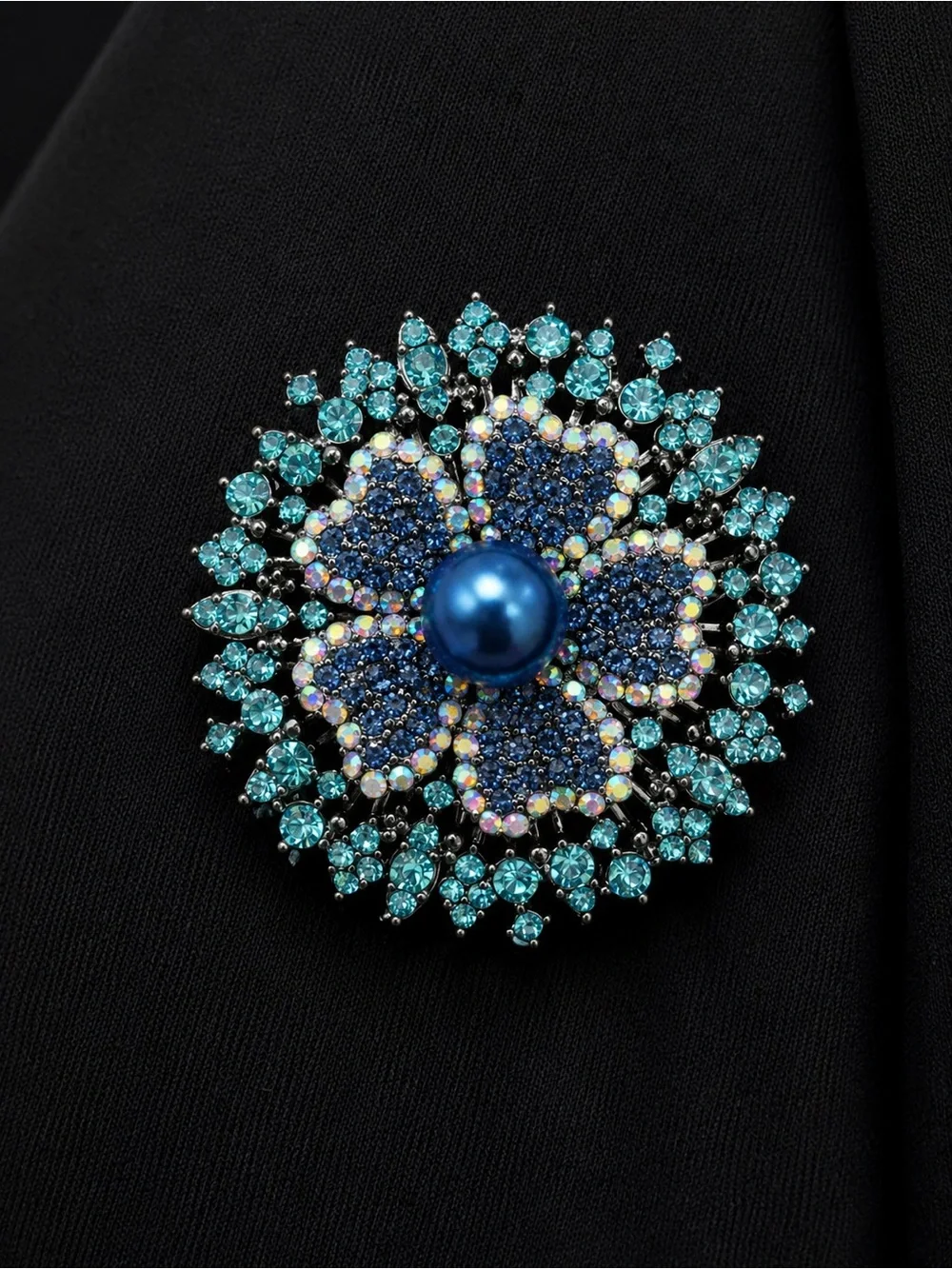 Large Blue Crystal Floral Brooch with faux Pearl Center